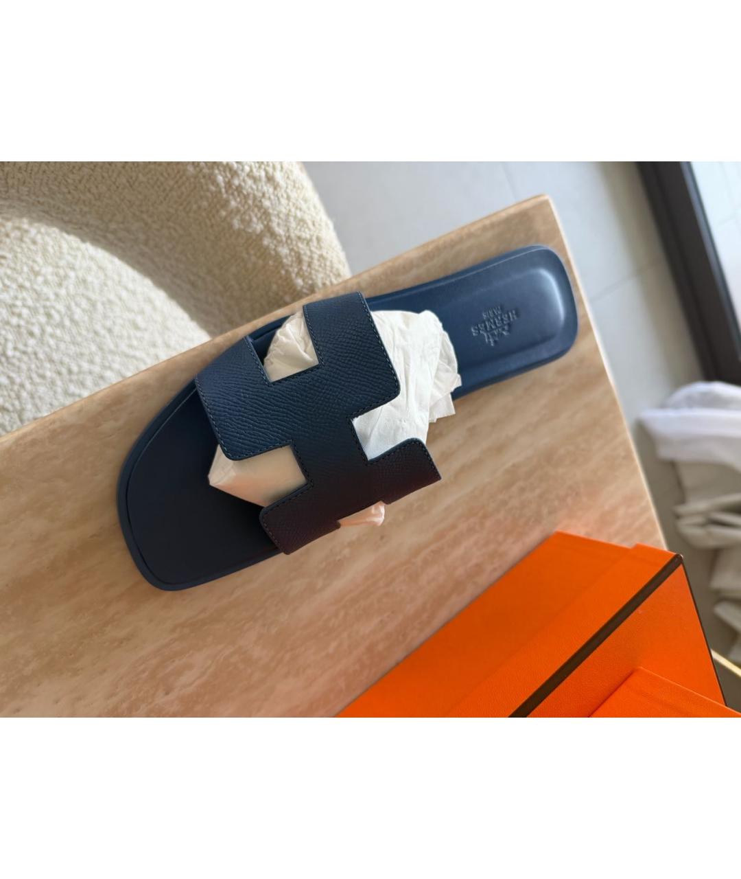HERMES Синие кожаные шлепанцы, фото 2
