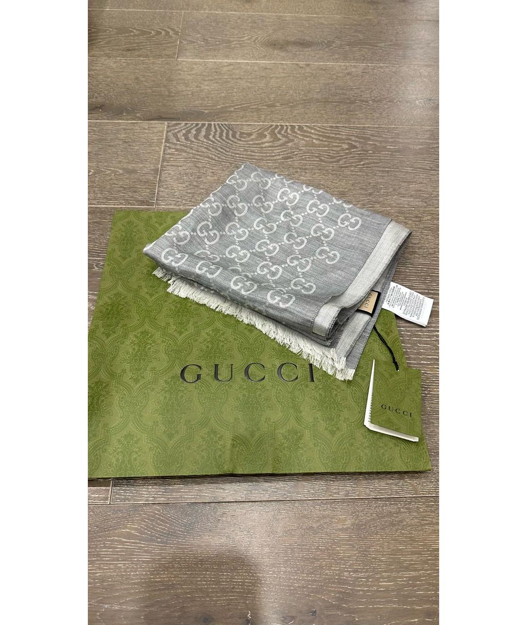 GUCCI Серый шерстяной шарф, фото 2