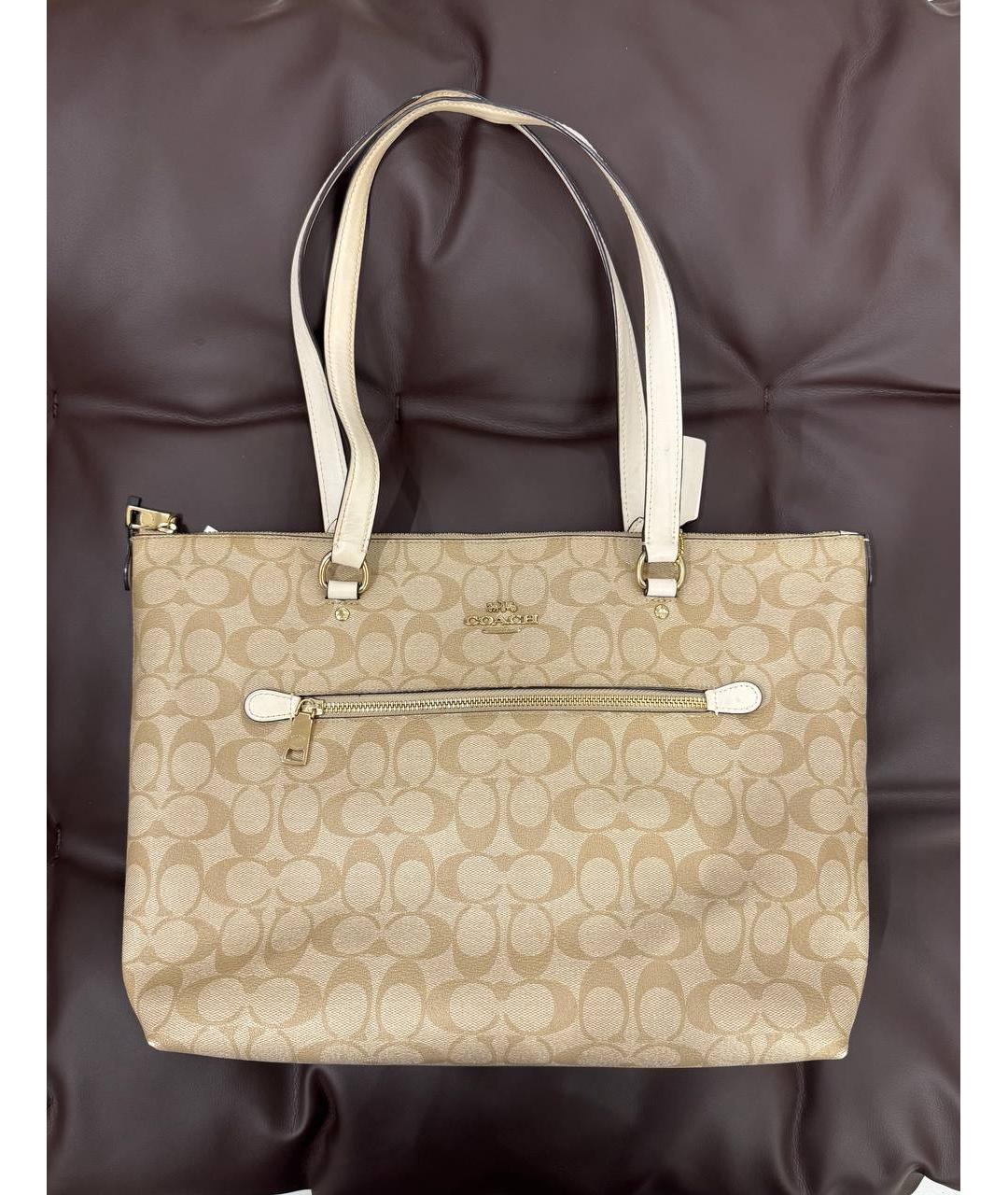 COACH Бежевая кожаная сумка с короткими ручками, фото 3