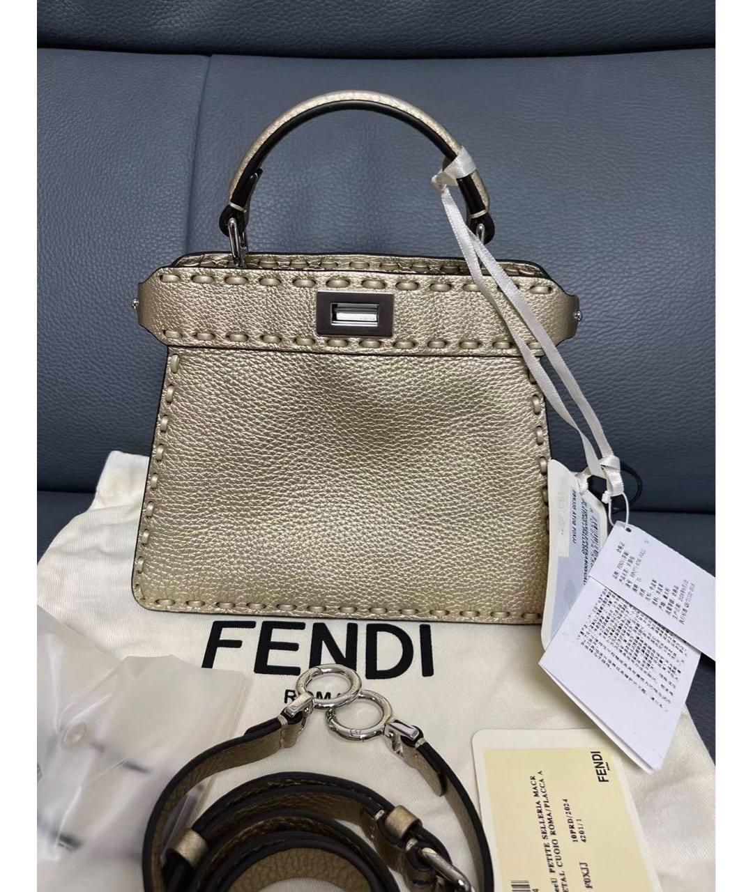 FENDI Золотая кожаная сумка с короткими ручками, фото 3