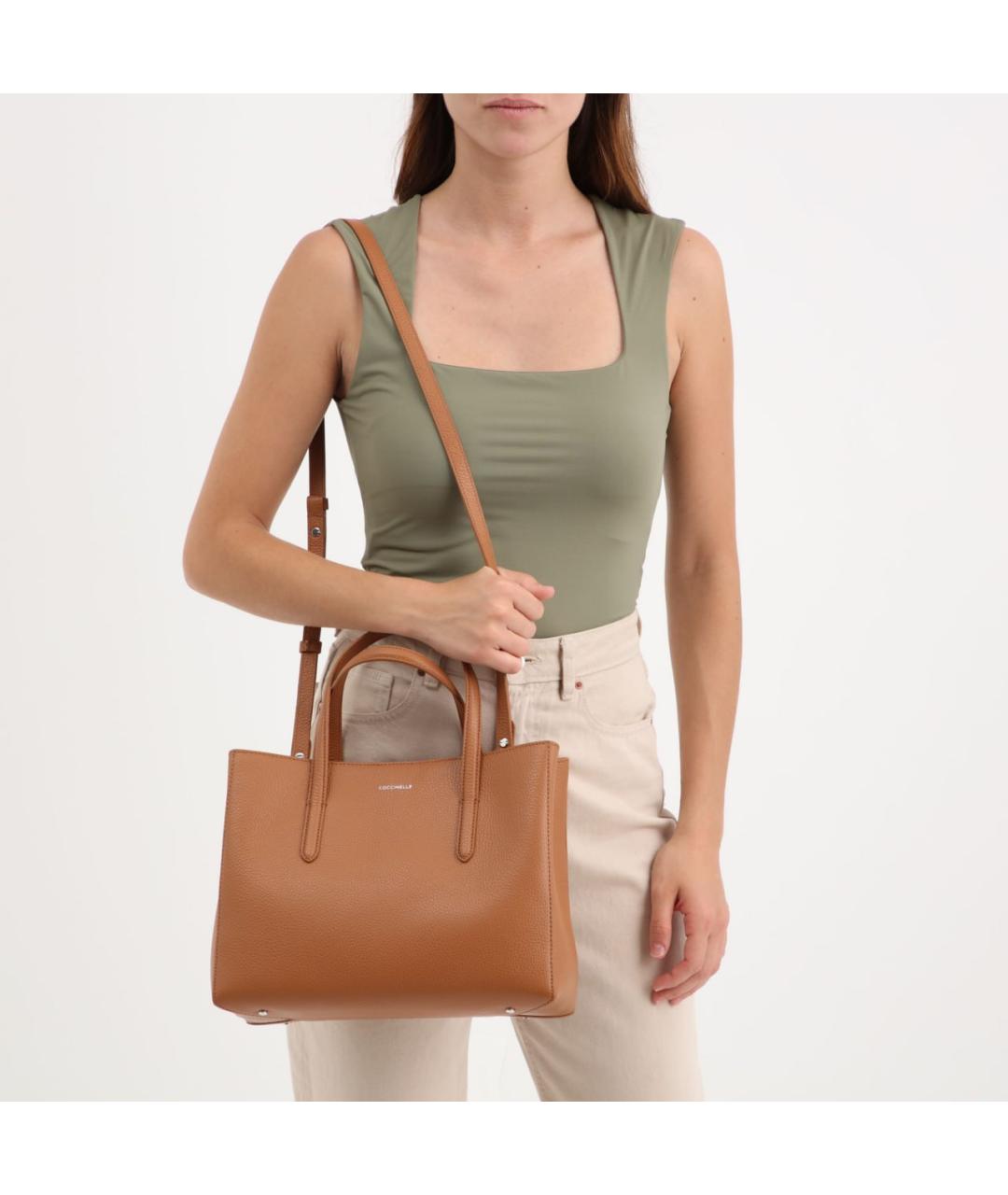 COCCINELLE Коричневая кожаная сумка с короткими ручками, фото 4