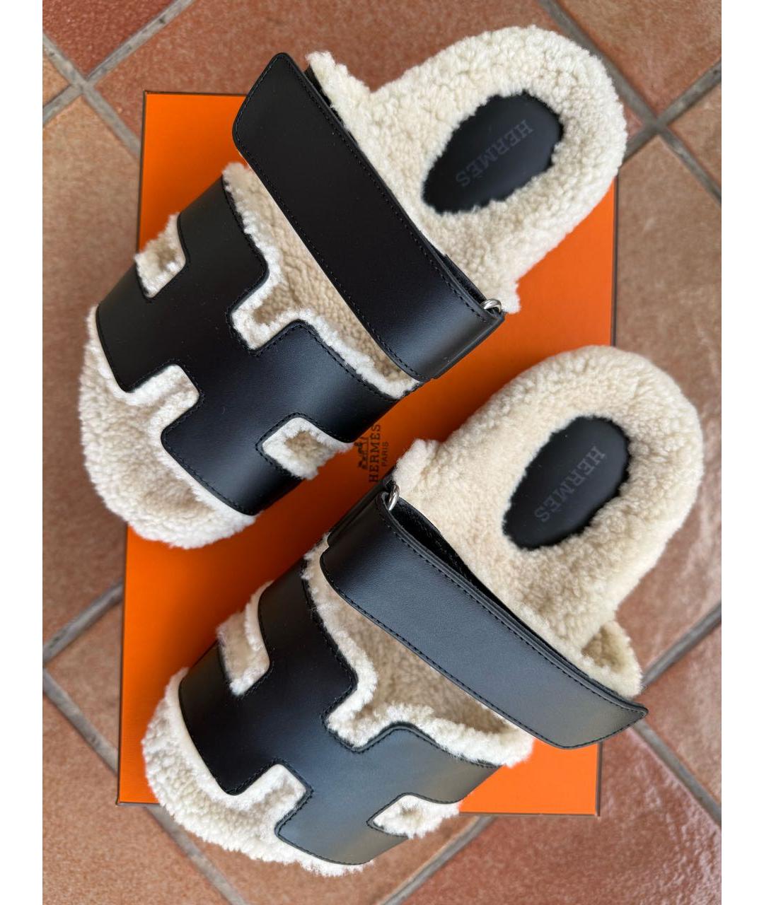 HERMES Черные кожаные шлепанцы, фото 3
