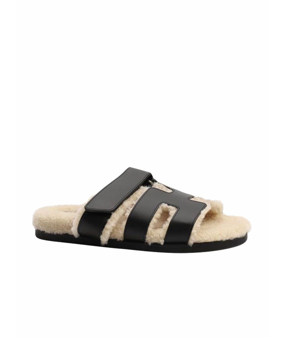 HERMES Черные кожаные шлепанцы, фото 1