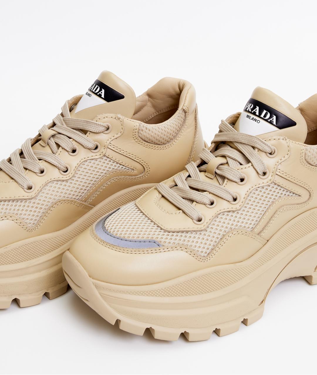 PRADA Бежевые кожаные кроссовки, фото 5