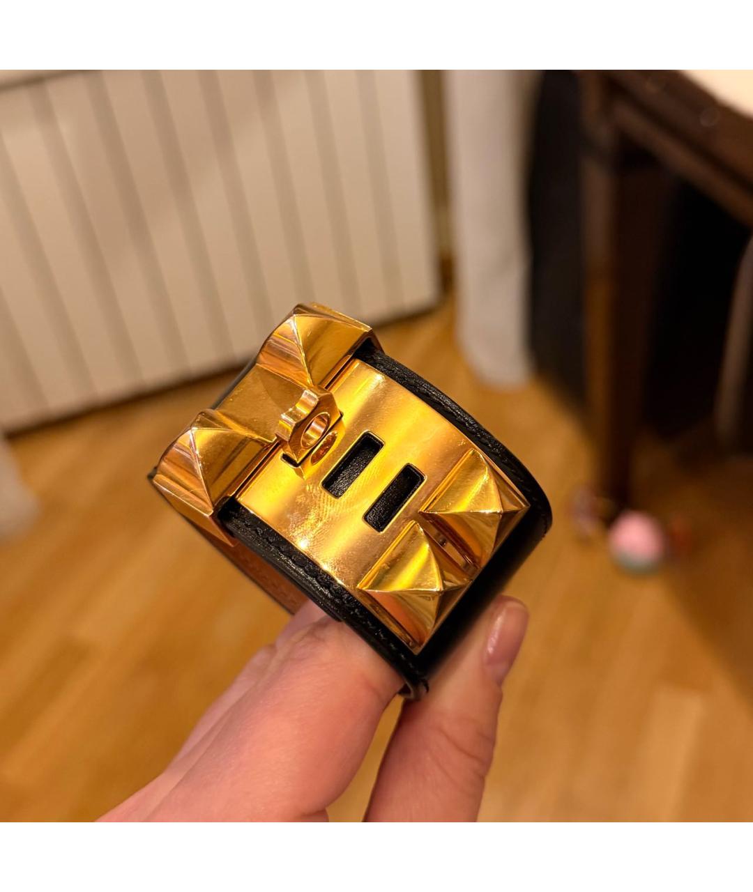 HERMES Черный кожаный браслет, фото 3