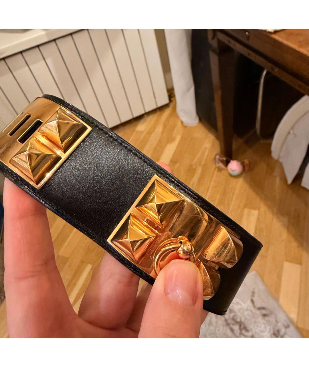 HERMES Черный кожаный браслет, фото 2