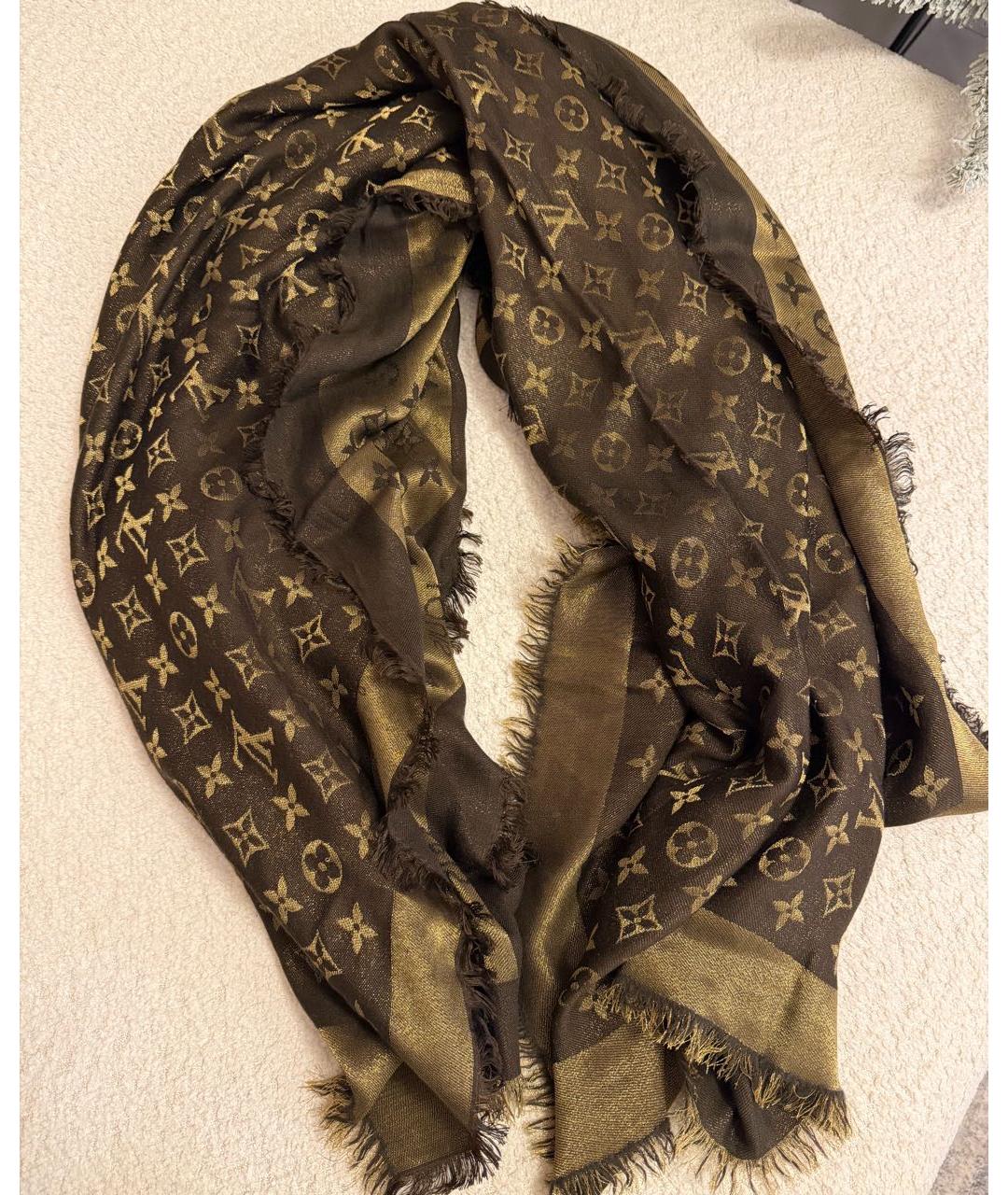 LOUIS VUITTON Коричневый шелковый шарф, фото 3