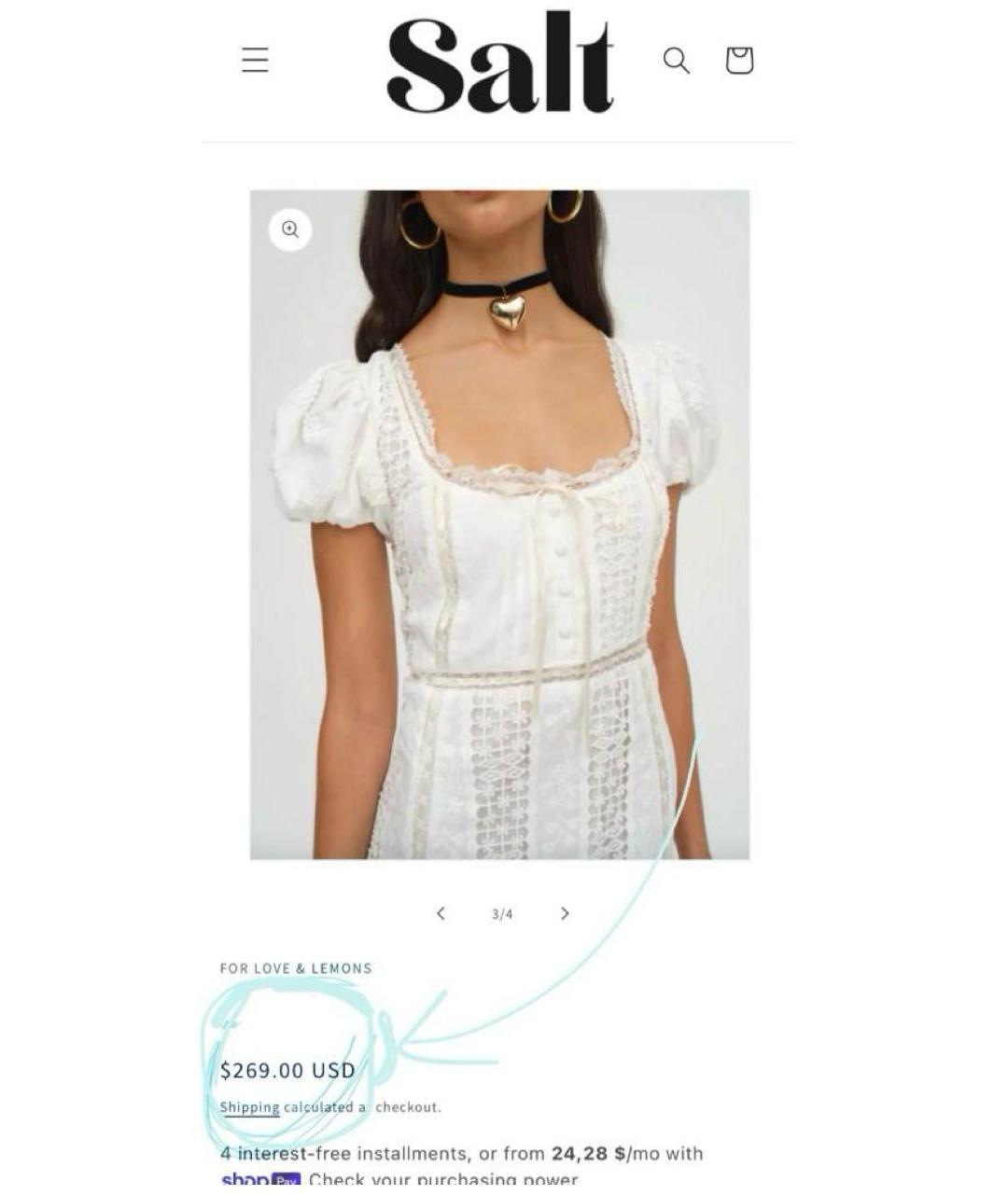 FOR LOVE AND LEMONS Белое хлопковое повседневное платье, фото 7