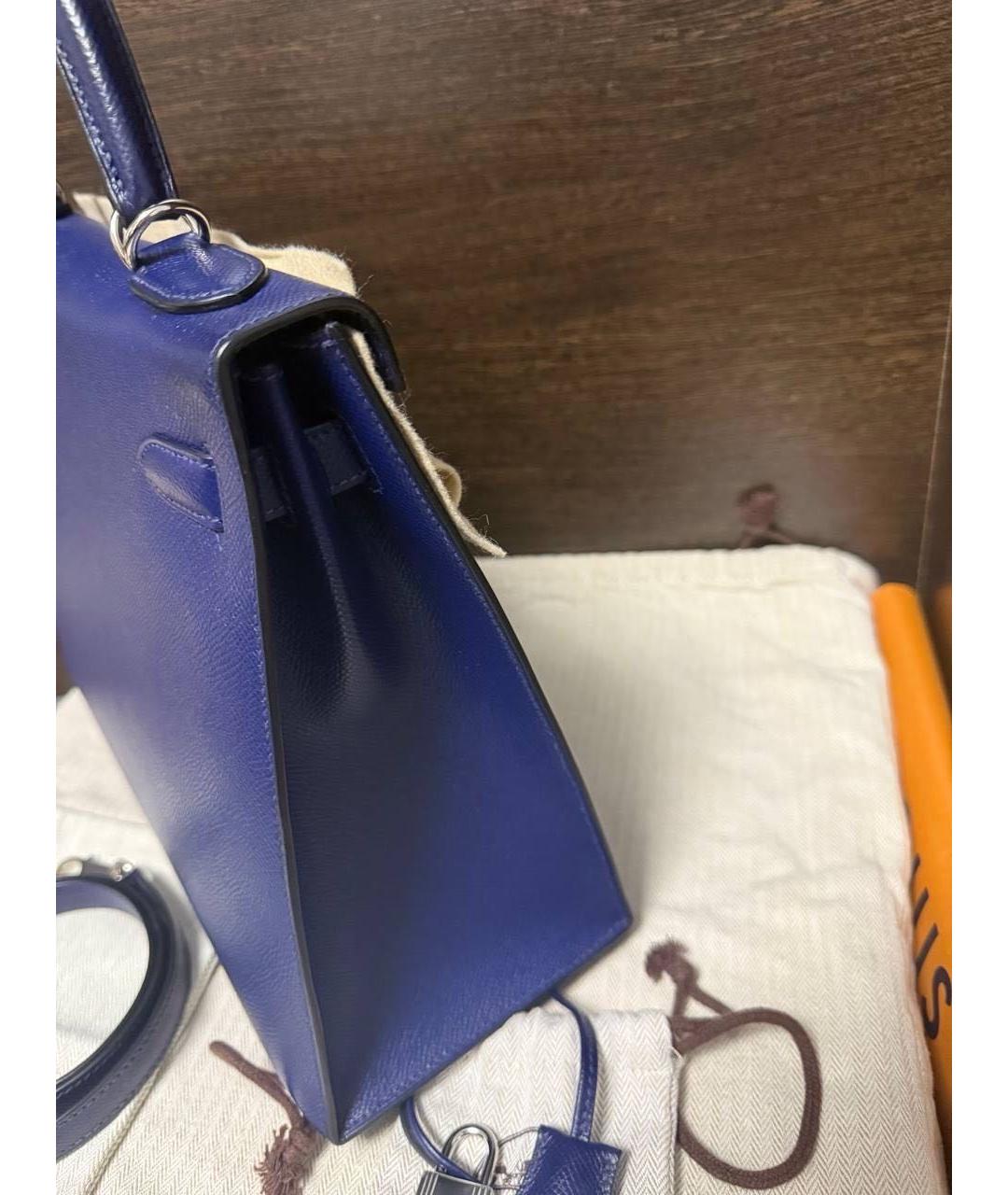 HERMES Темно-синяя кожаная сумка с короткими ручками, фото 6