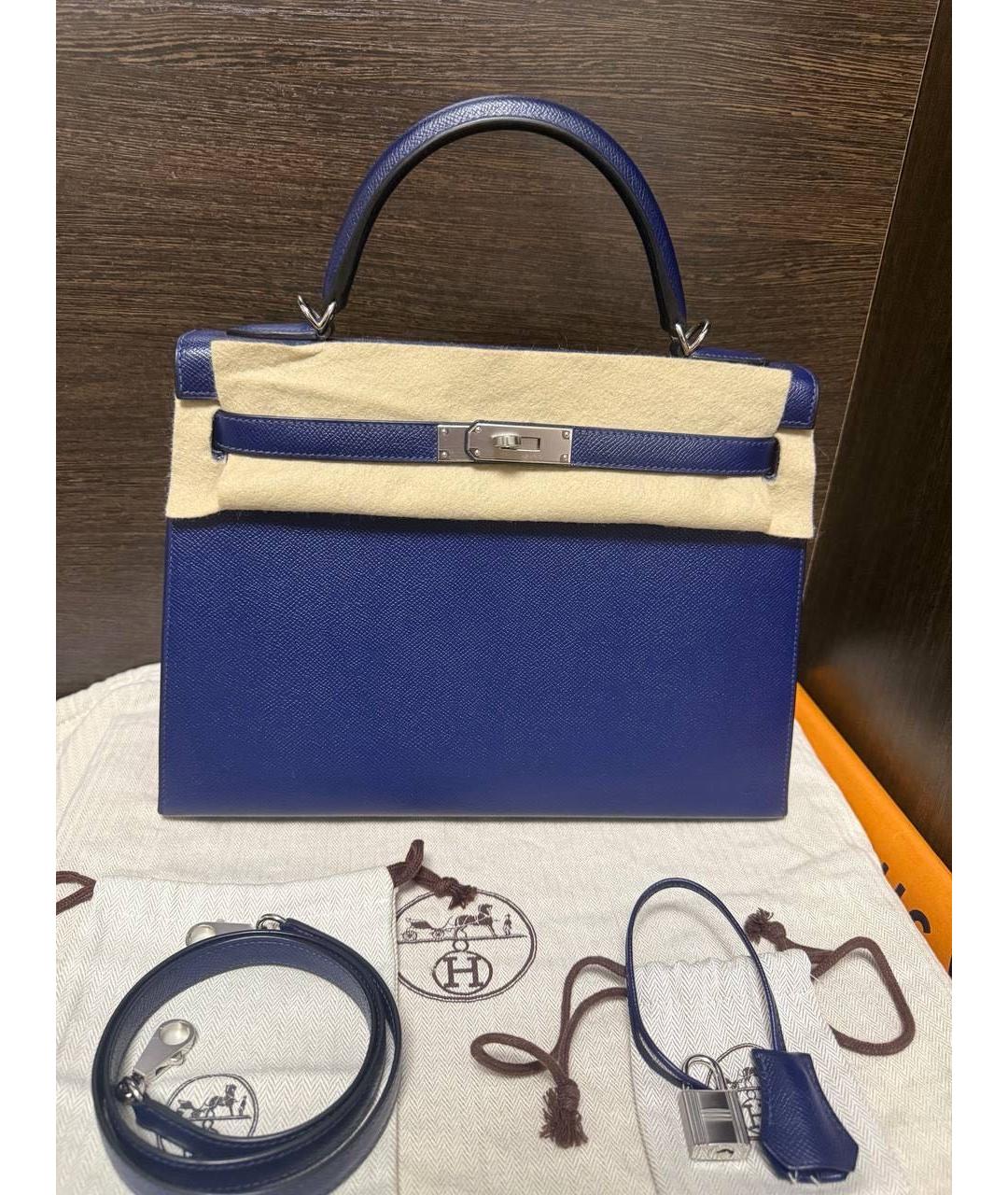 HERMES Темно-синяя кожаная сумка с короткими ручками, фото 8