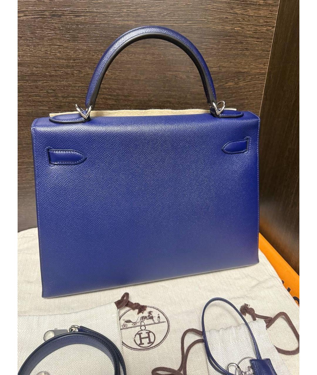 HERMES Темно-синяя кожаная сумка с короткими ручками, фото 5