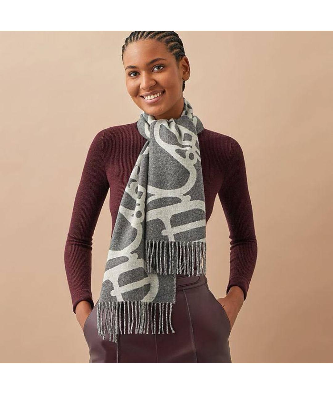 HERMES Серый кашемировый шарф, фото 2