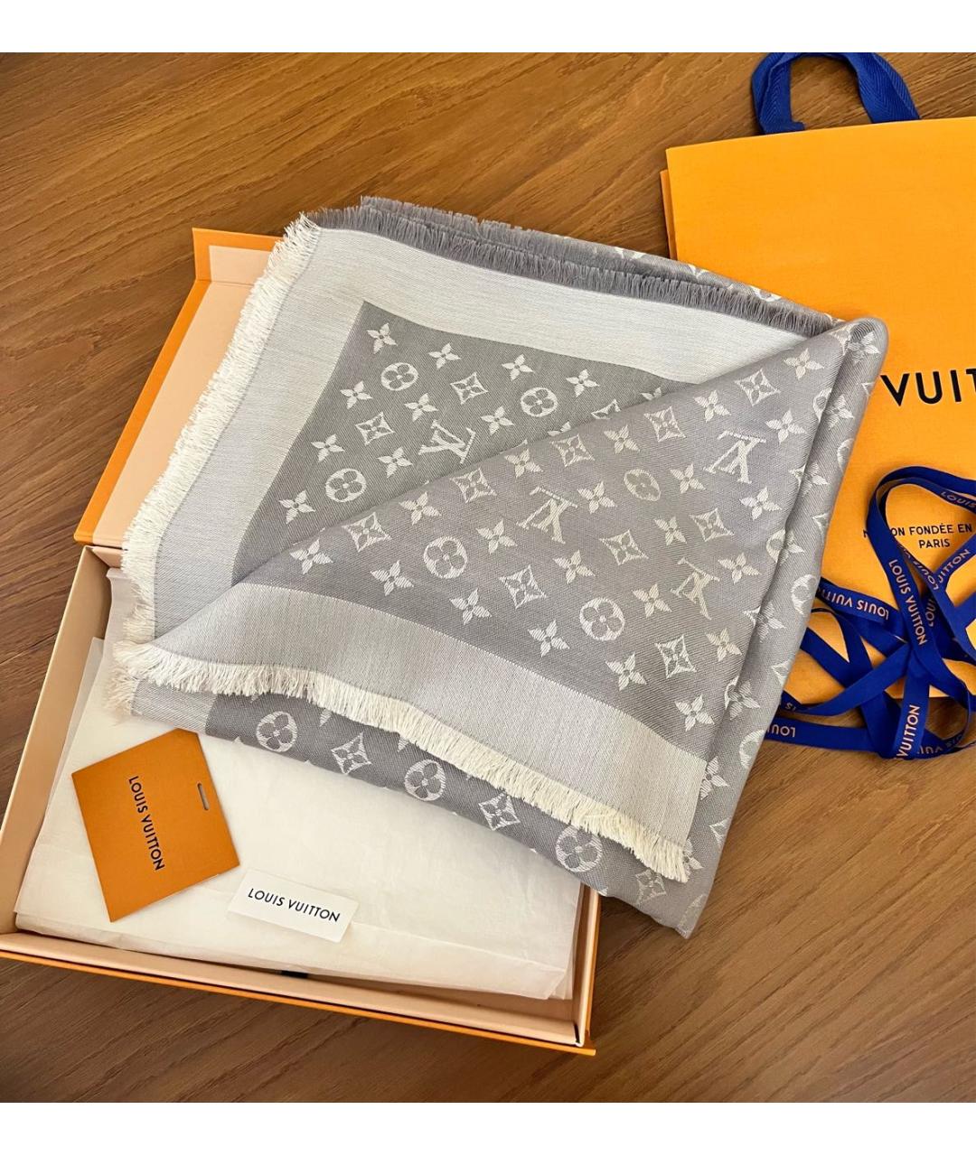 LOUIS VUITTON Серый шерстяной платок, фото 2