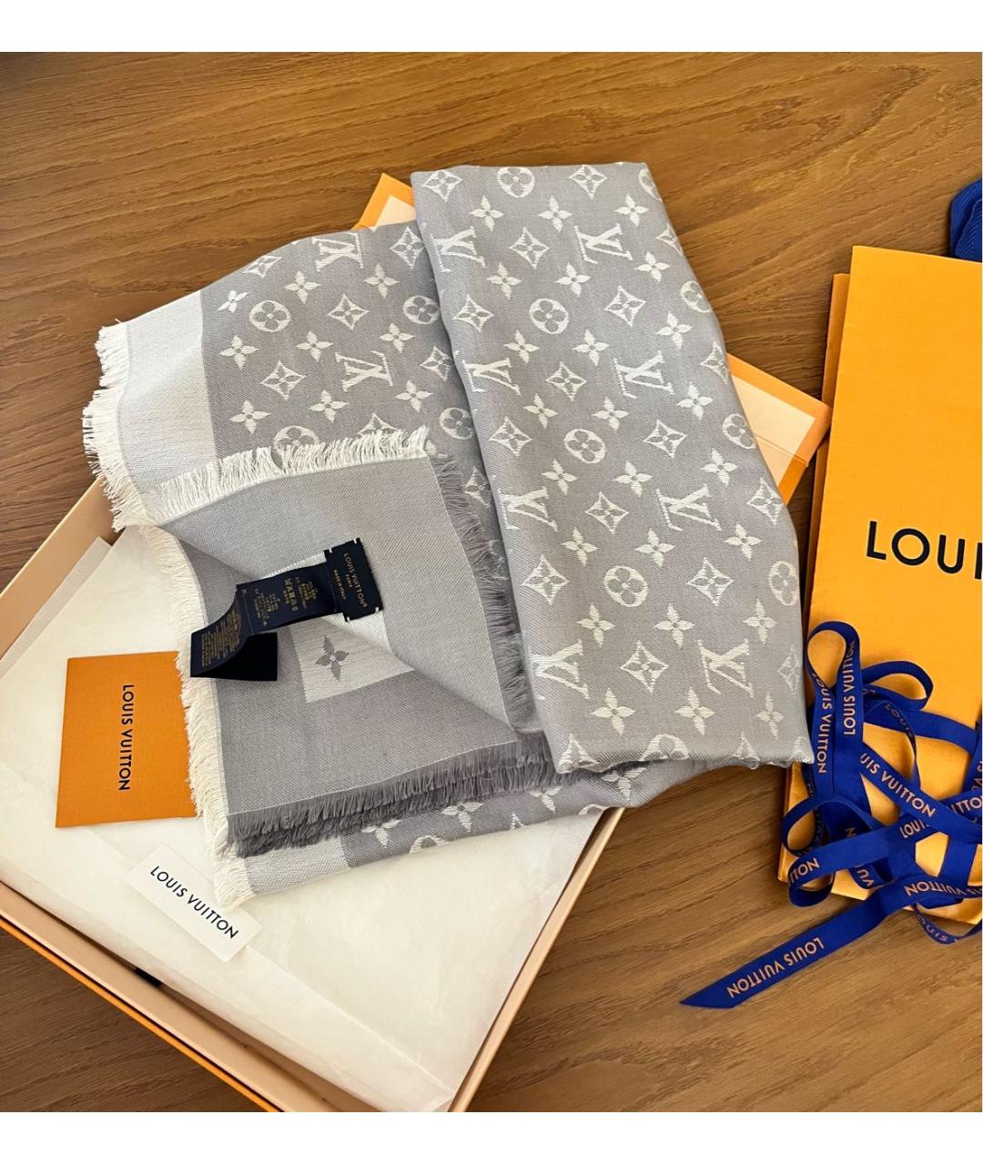 LOUIS VUITTON Серый шерстяной платок, фото 6