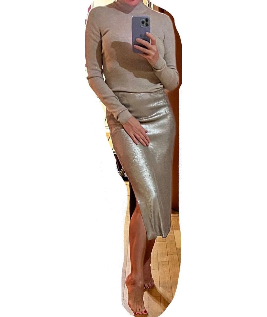 BRUNELLO CUCINELLI Серебряная шелковая юбка миди, фото 3