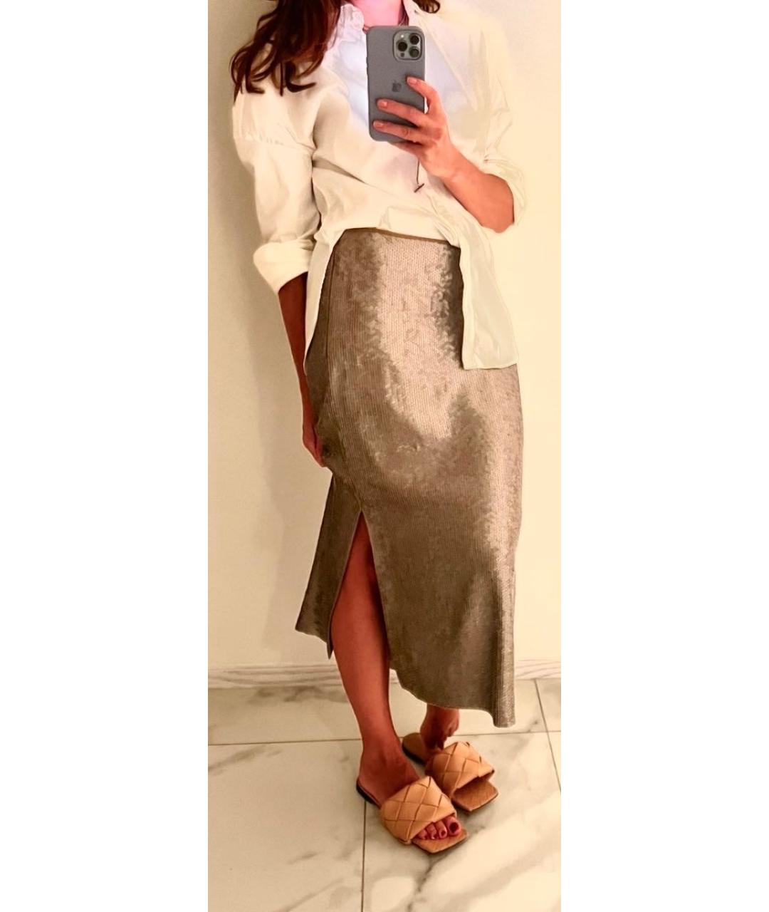 BRUNELLO CUCINELLI Серебряная шелковая юбка миди, фото 6