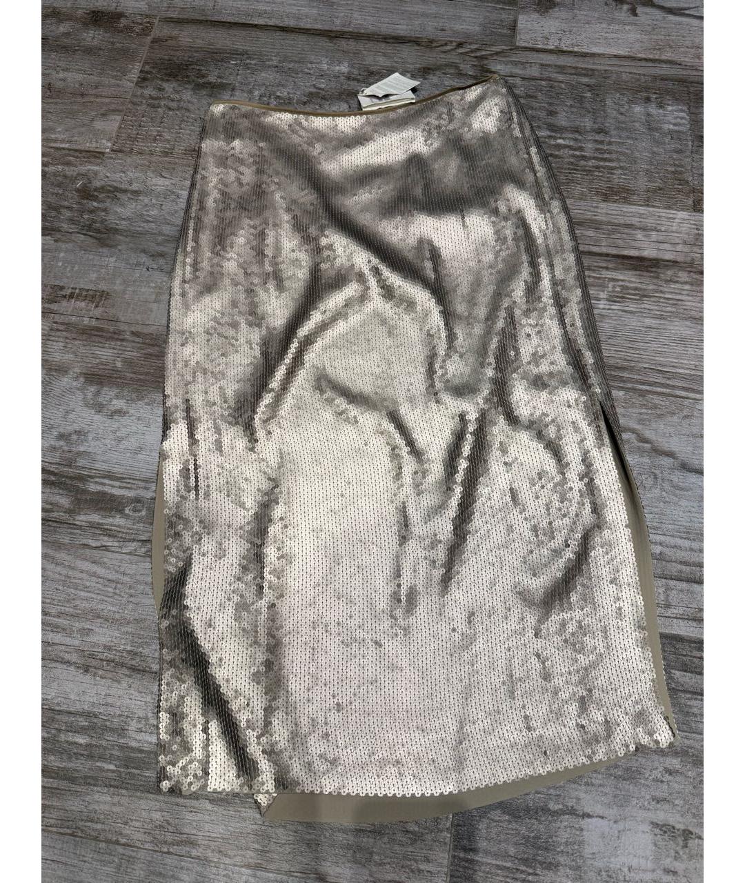BRUNELLO CUCINELLI Серебряная шелковая юбка миди, фото 7