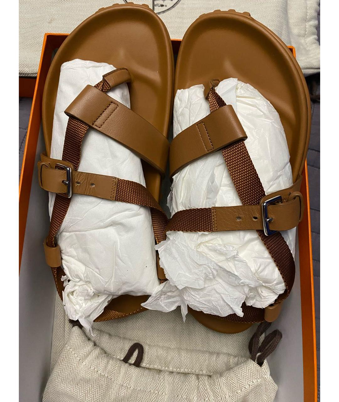 HERMES Коричневые текстильные сандалии, фото 3