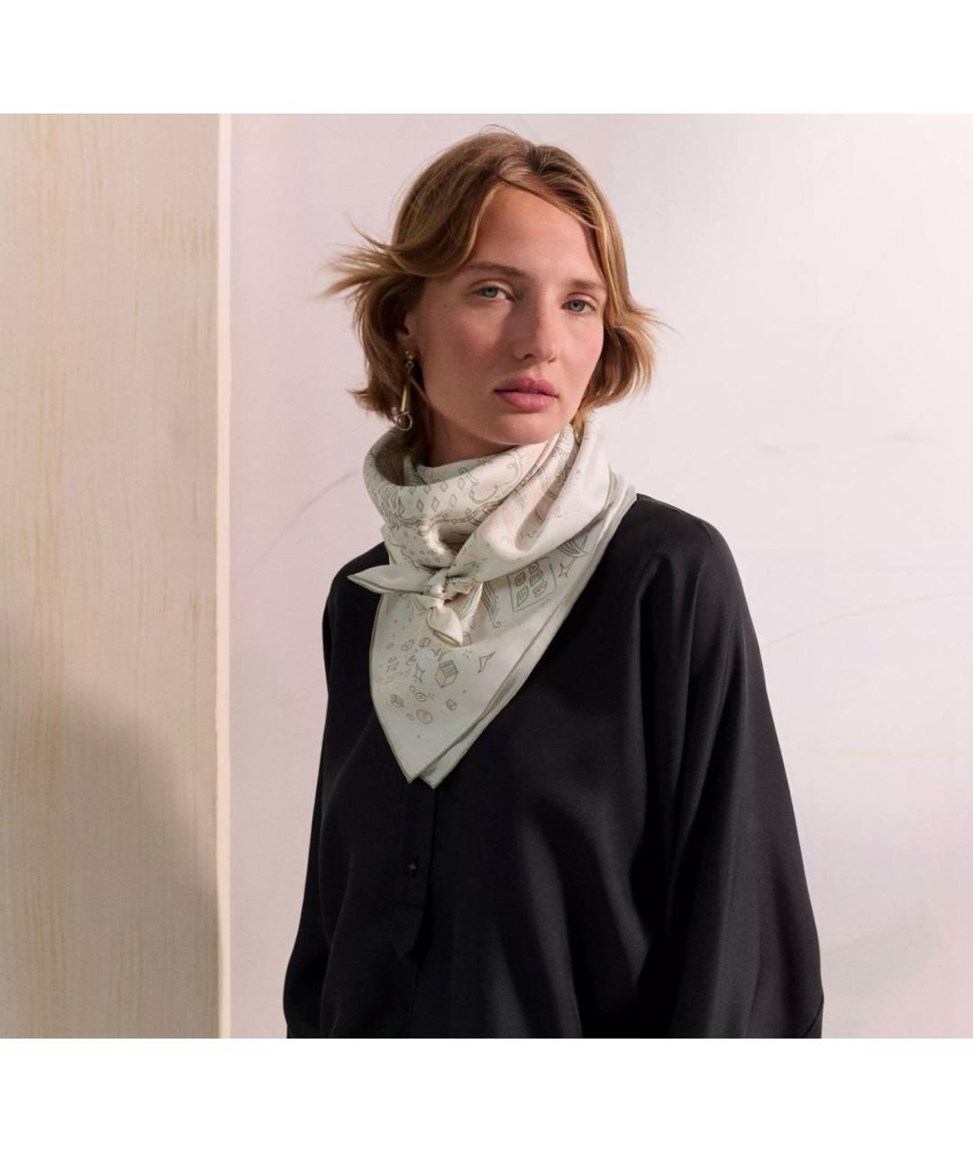 HERMES Бежевый шелковый платок, фото 3