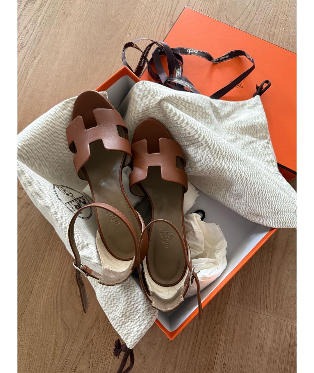 HERMES Коричневые кожаные босоножки, фото 2