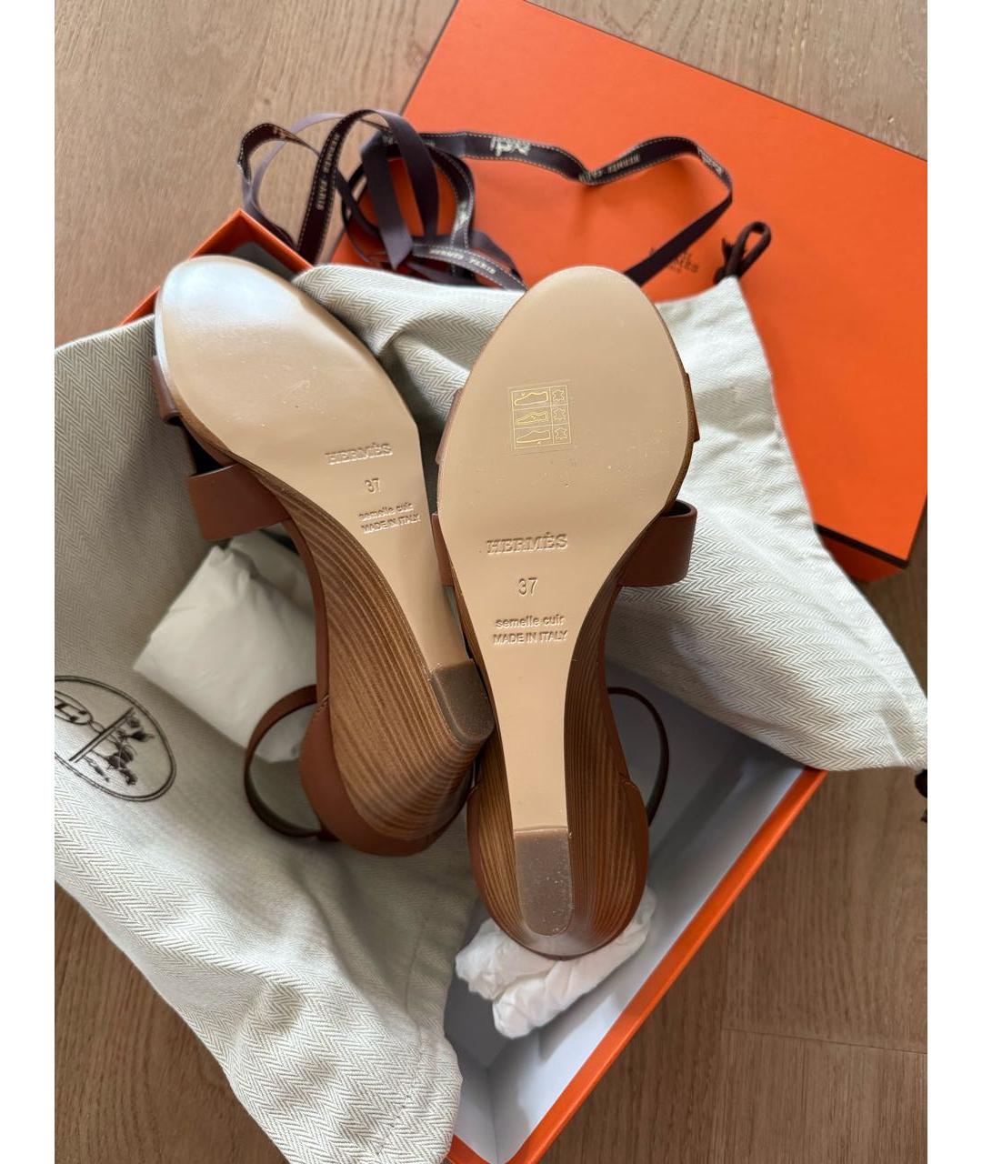 HERMES Коричневые кожаные босоножки, фото 3