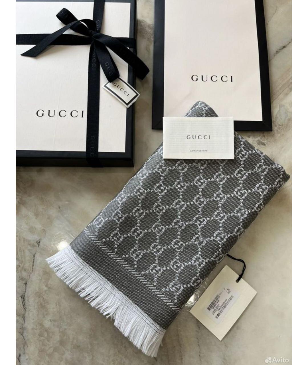 GUCCI Серый шерстяной шарф, фото 2