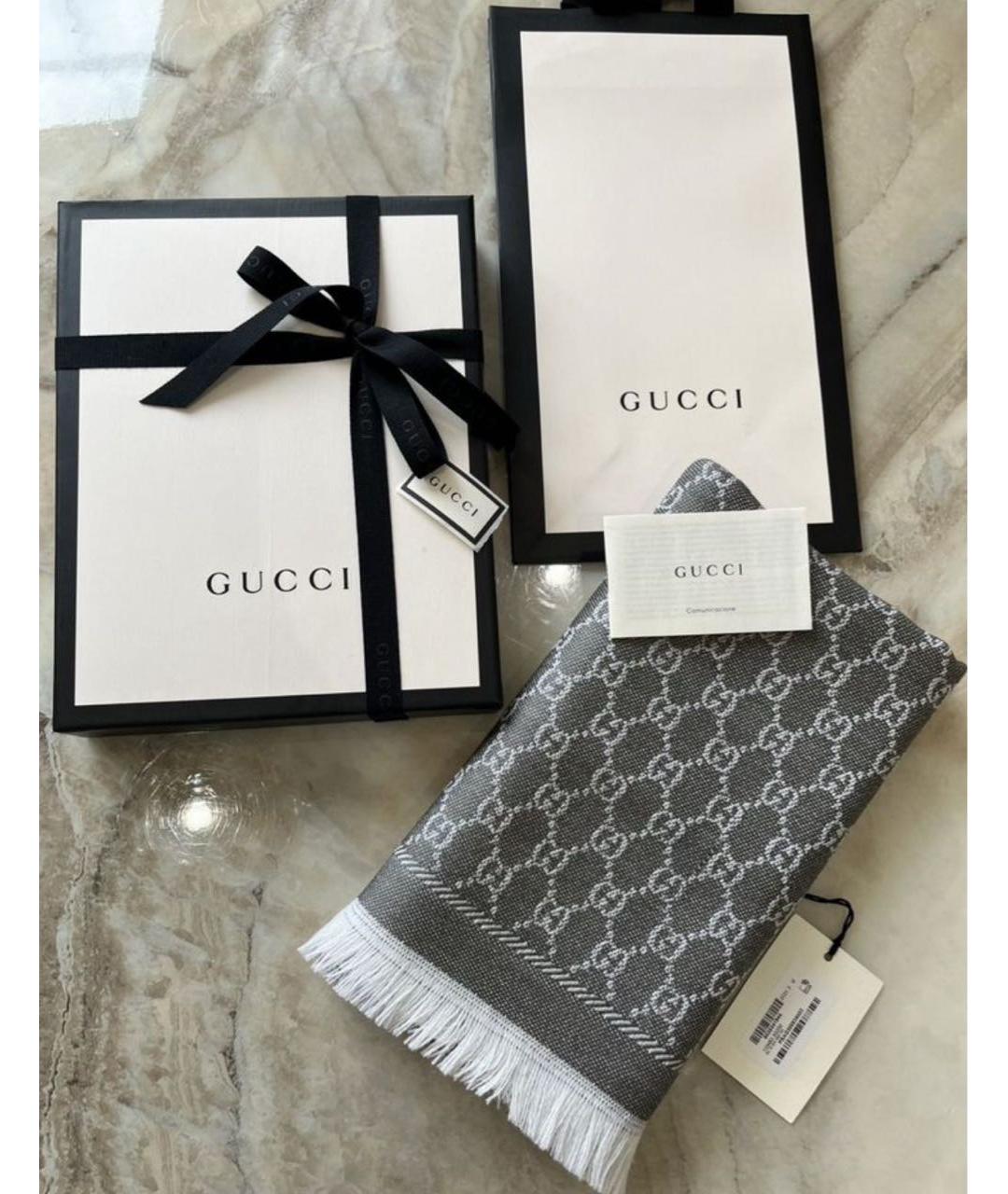 GUCCI Серый шерстяной шарф, фото 3