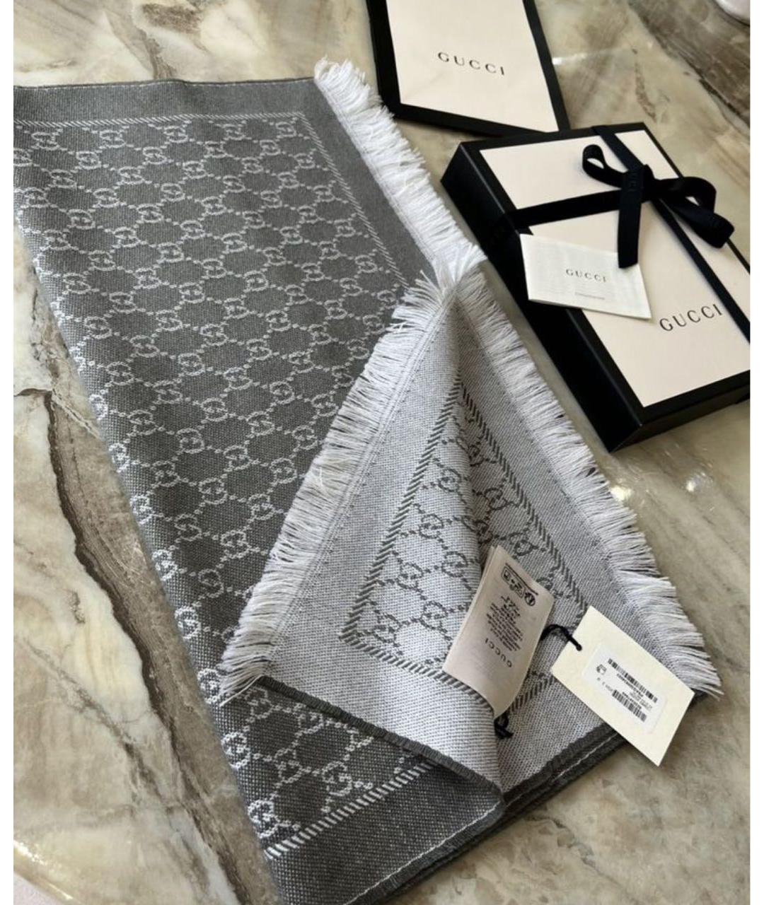 GUCCI Серый шерстяной шарф, фото 4