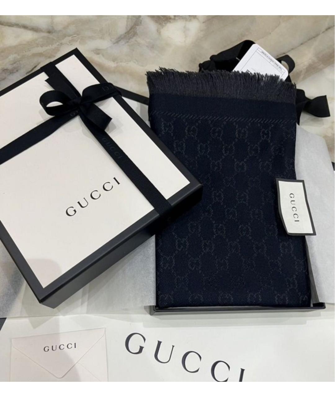 GUCCI Темно-синий шерстяной шарф, фото 4