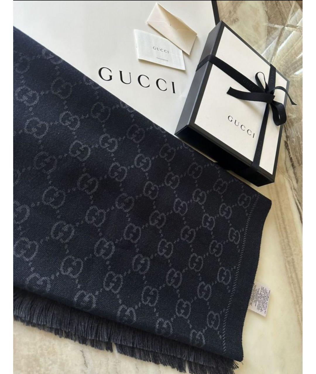 GUCCI Черный шерстяной шарф, фото 2