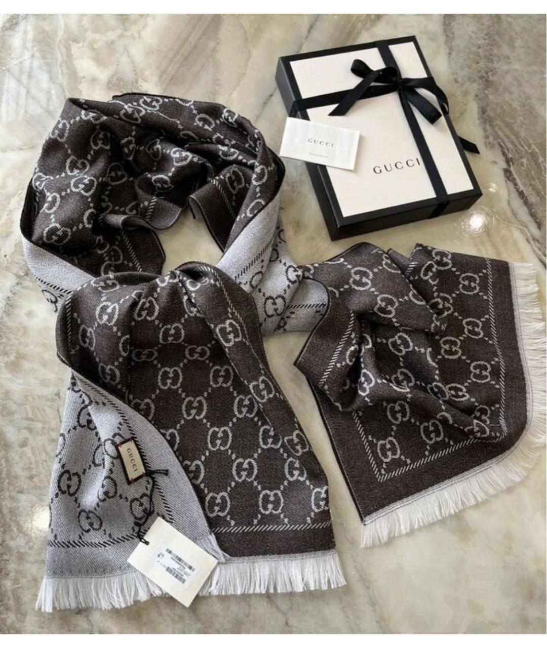 GUCCI Коричневый шерстяной шарф, фото 7