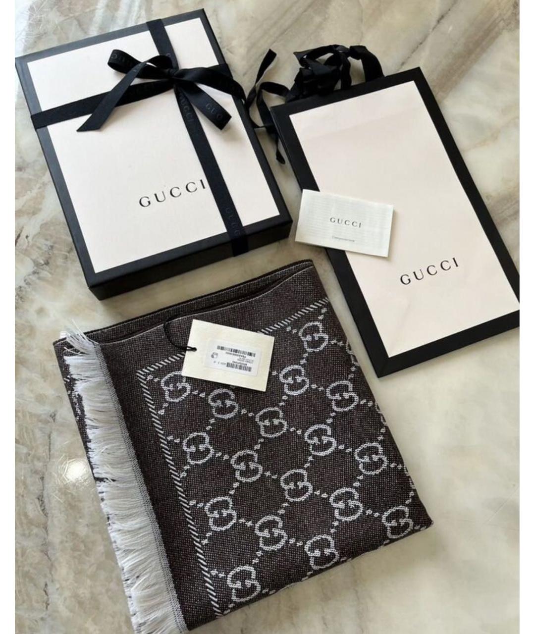 GUCCI Коричневый шерстяной шарф, фото 4