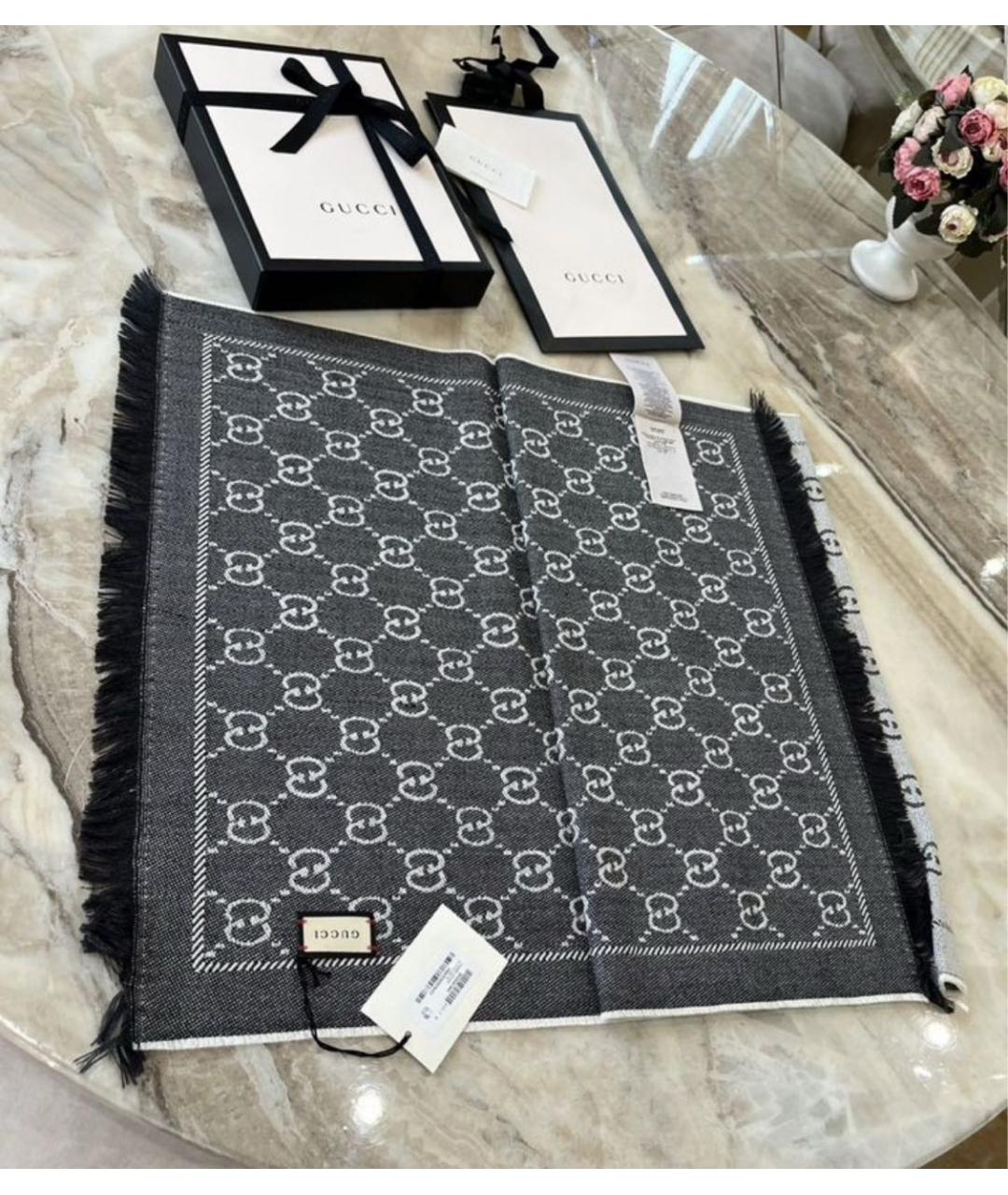 GUCCI Антрацитовый шерстяной шарф, фото 2