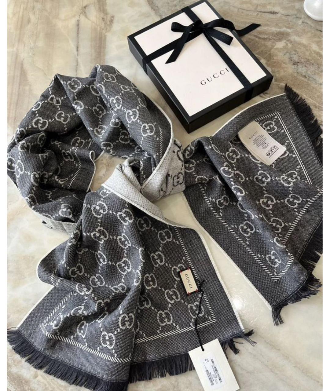 GUCCI Антрацитовый шерстяной шарф, фото 8