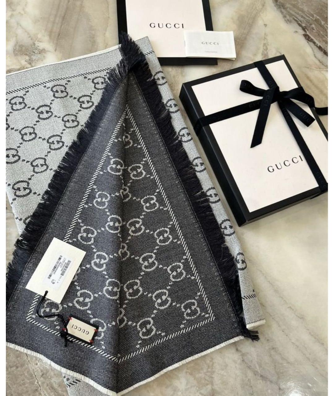 GUCCI Антрацитовый шерстяной шарф, фото 4