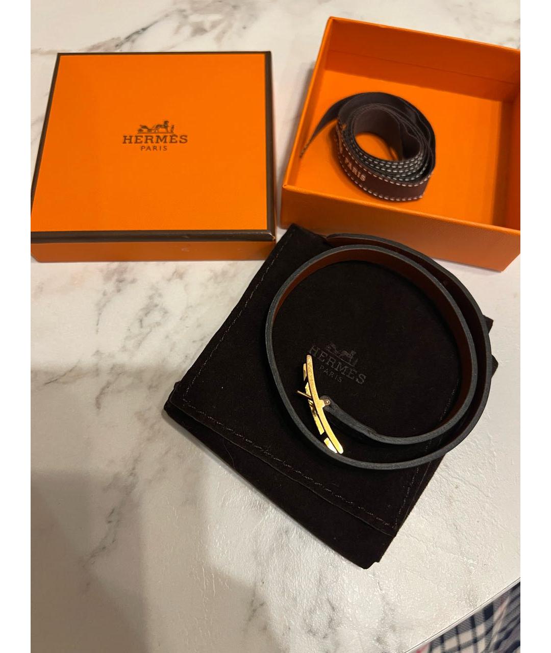 HERMES Черный кожаный браслет, фото 2