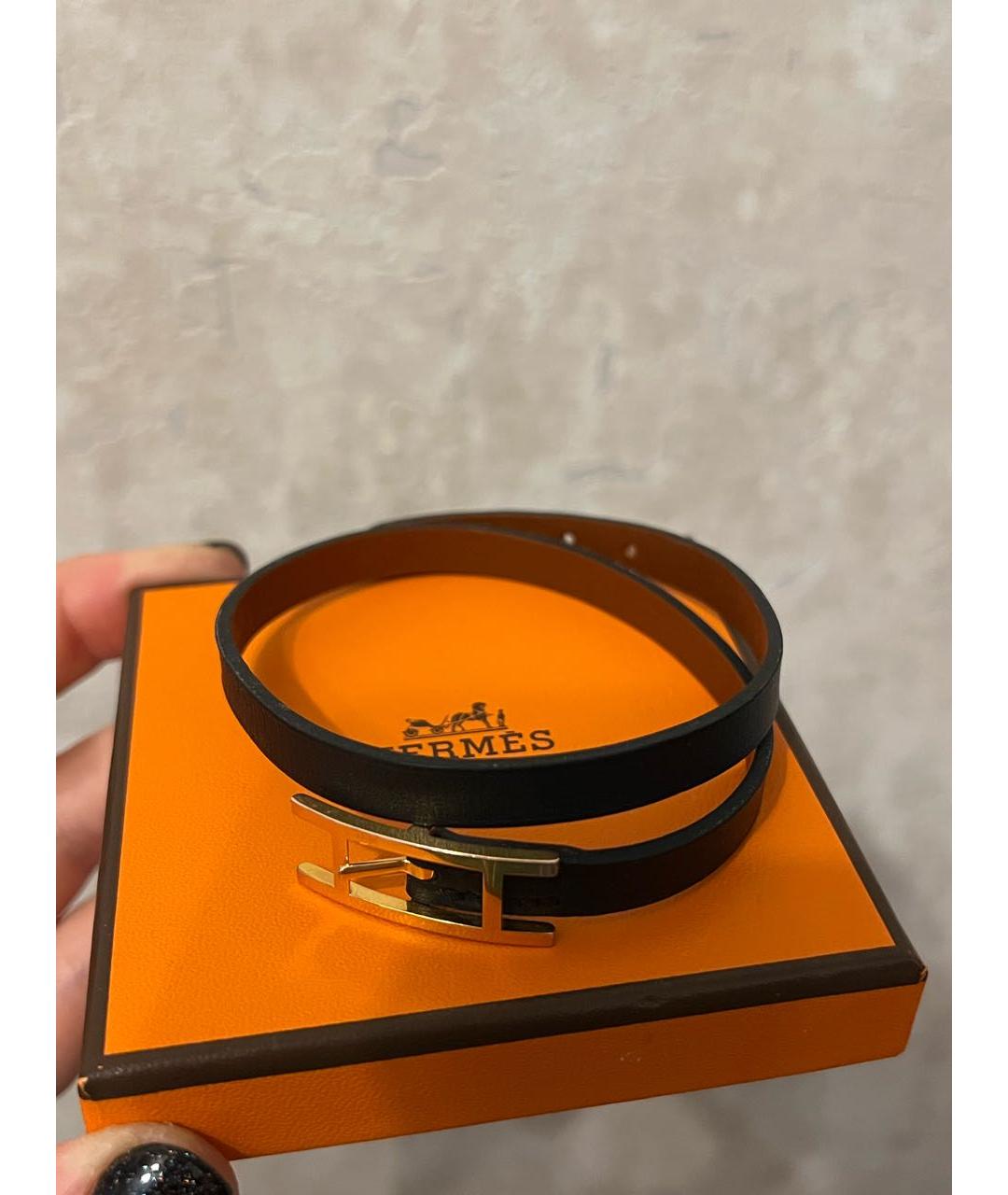 HERMES Черный кожаный браслет, фото 6