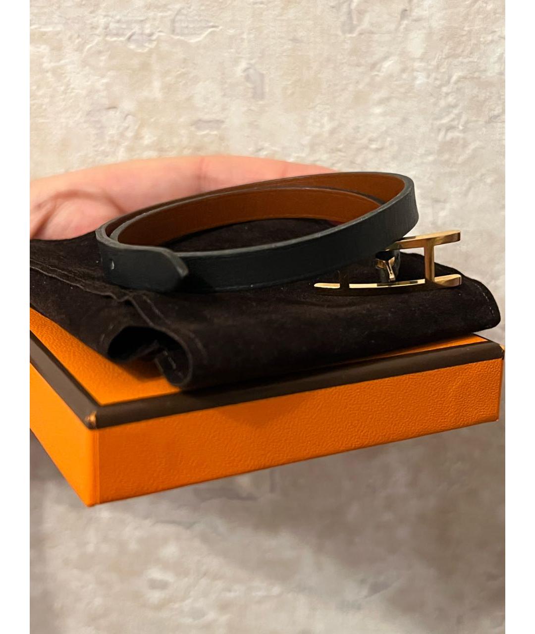HERMES Черный кожаный браслет, фото 5