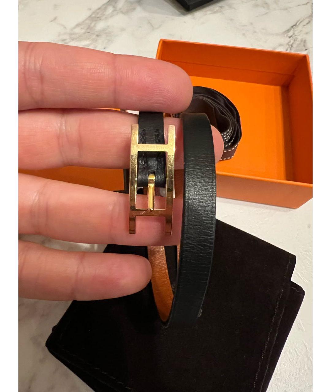 HERMES Черный кожаный браслет, фото 3