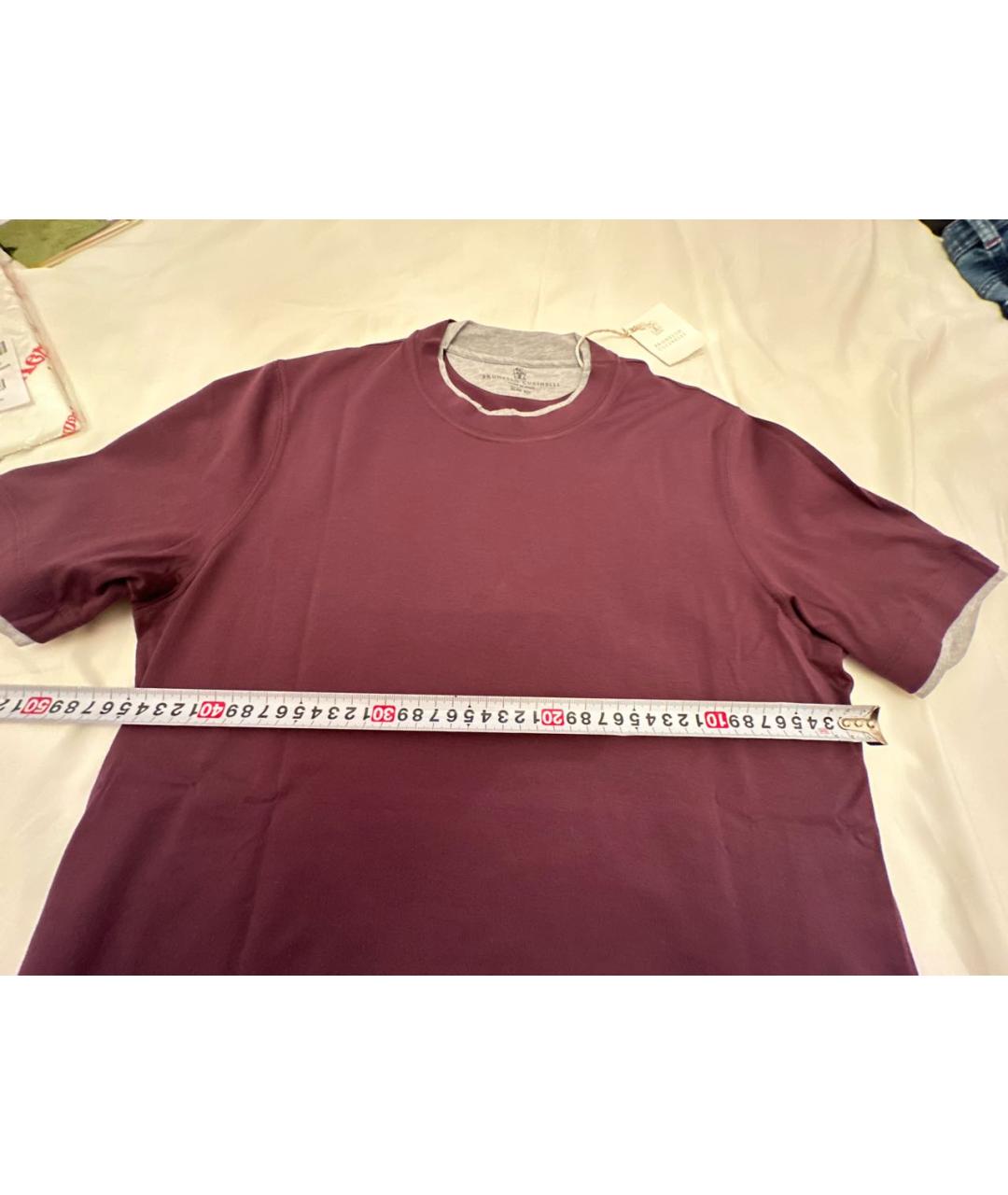BRUNELLO CUCINELLI Бордовая хлопковая футболка, фото 2