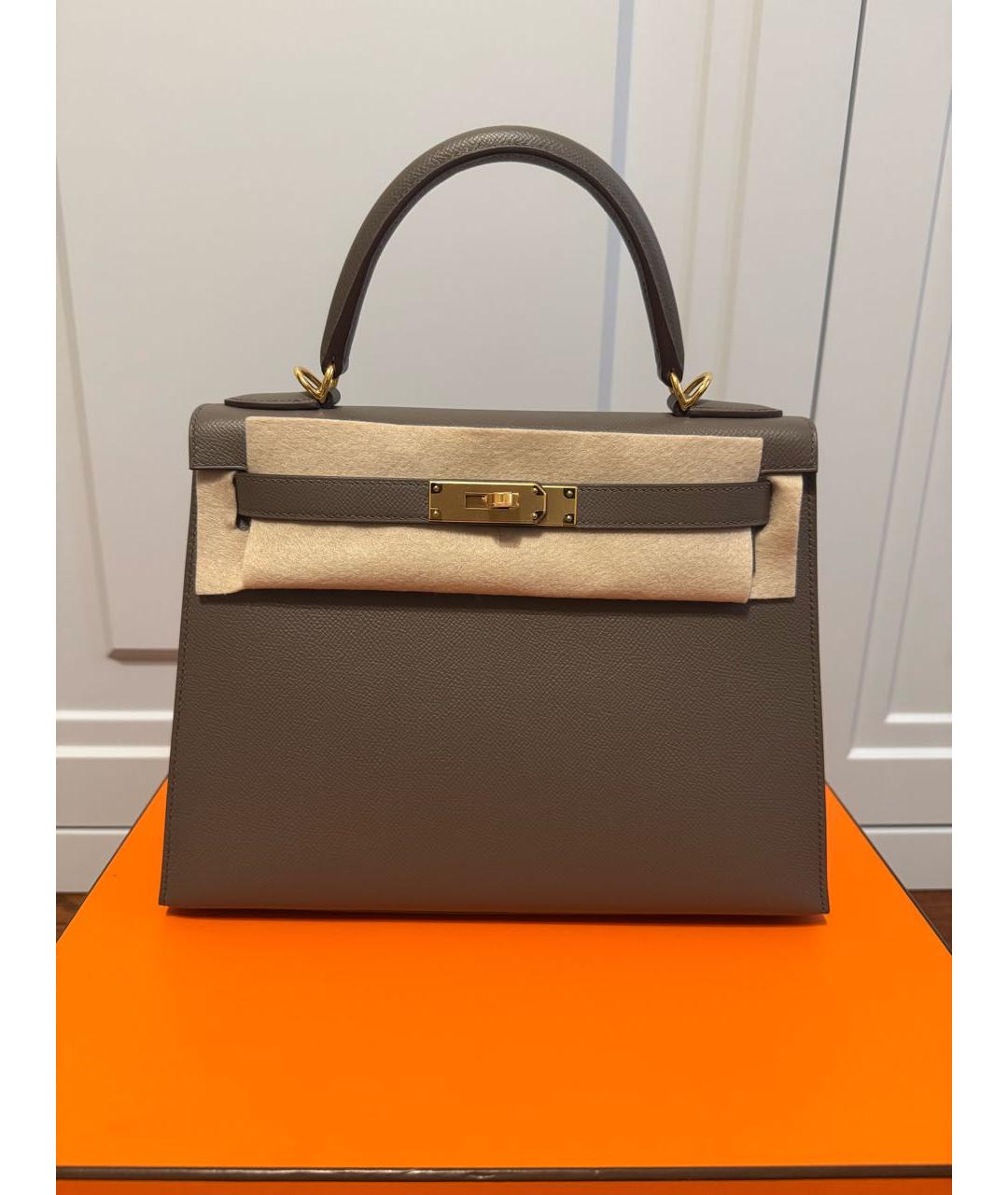 HERMES Серая кожаная сумка с короткими ручками, фото 6