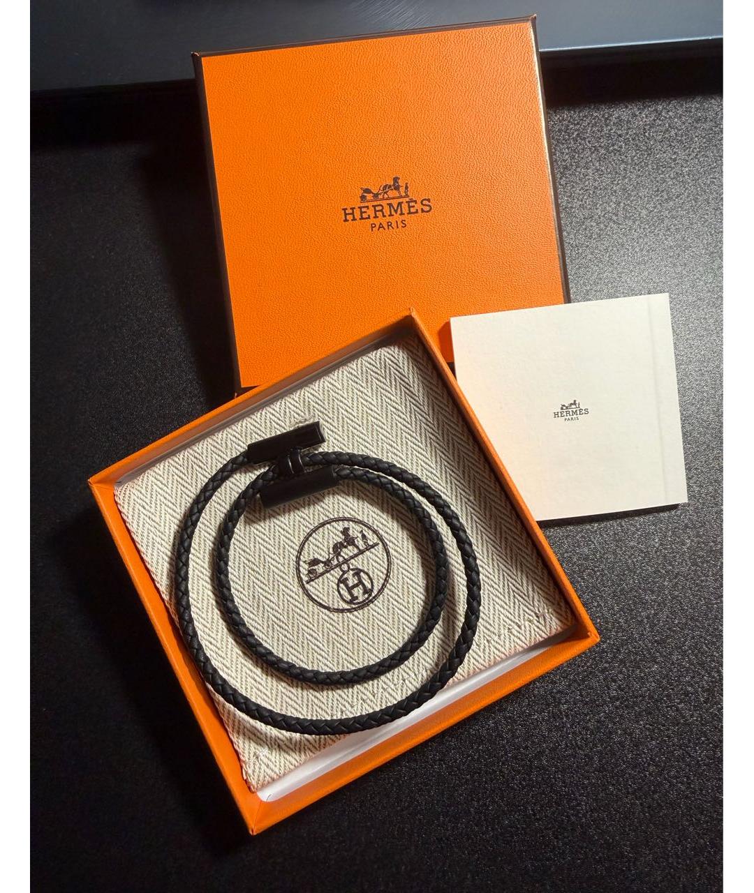 HERMES Черный кожаный браслет, фото 4