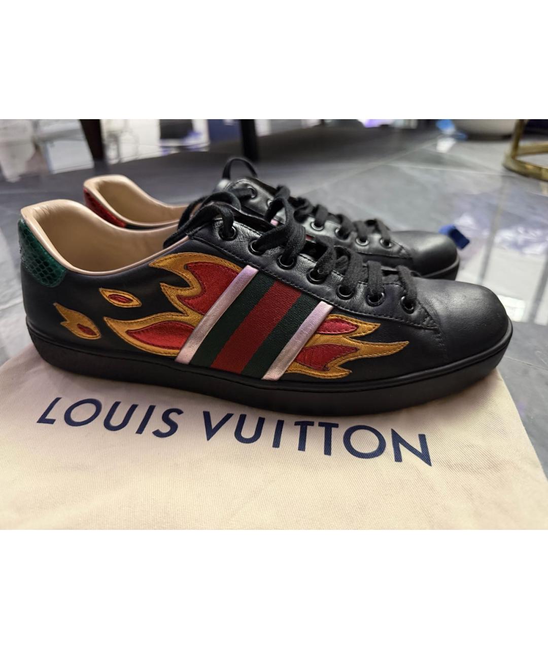 GUCCI Черные кожаные низкие кроссовки / кеды, фото 4