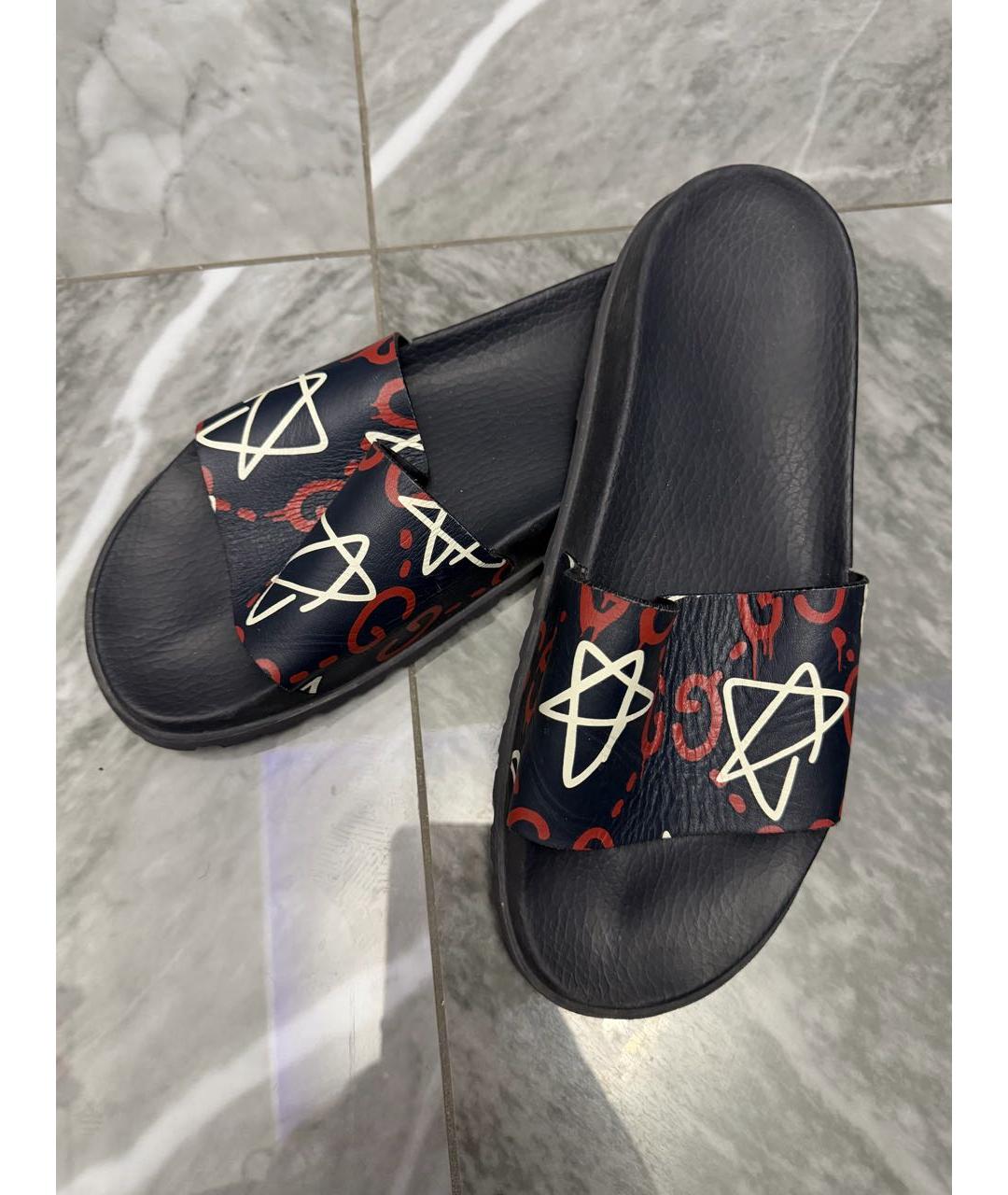 GUCCI Темно-синие кожаные шлепанцы, фото 3