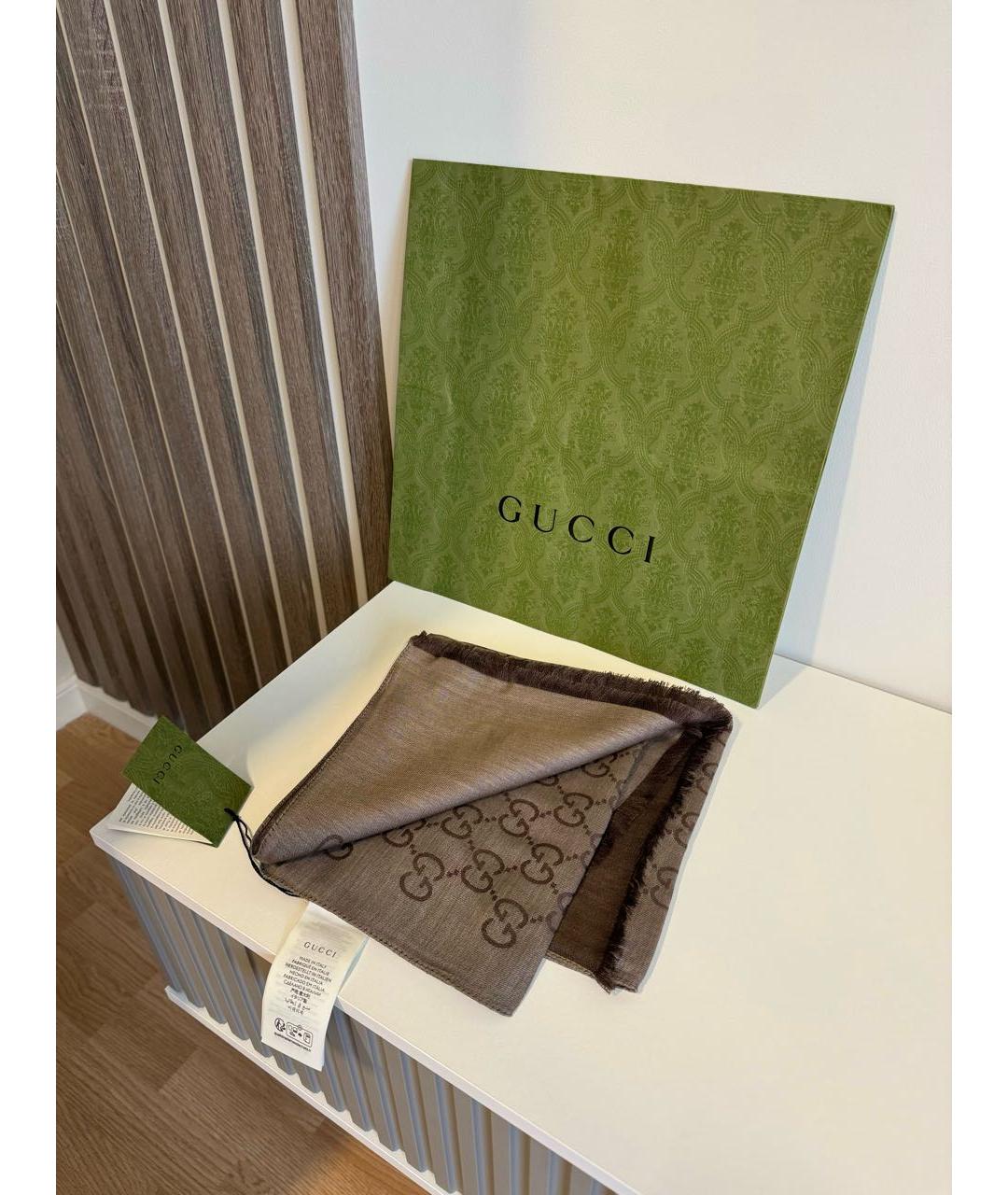 GUCCI Коричневый шерстяной шарф, фото 5