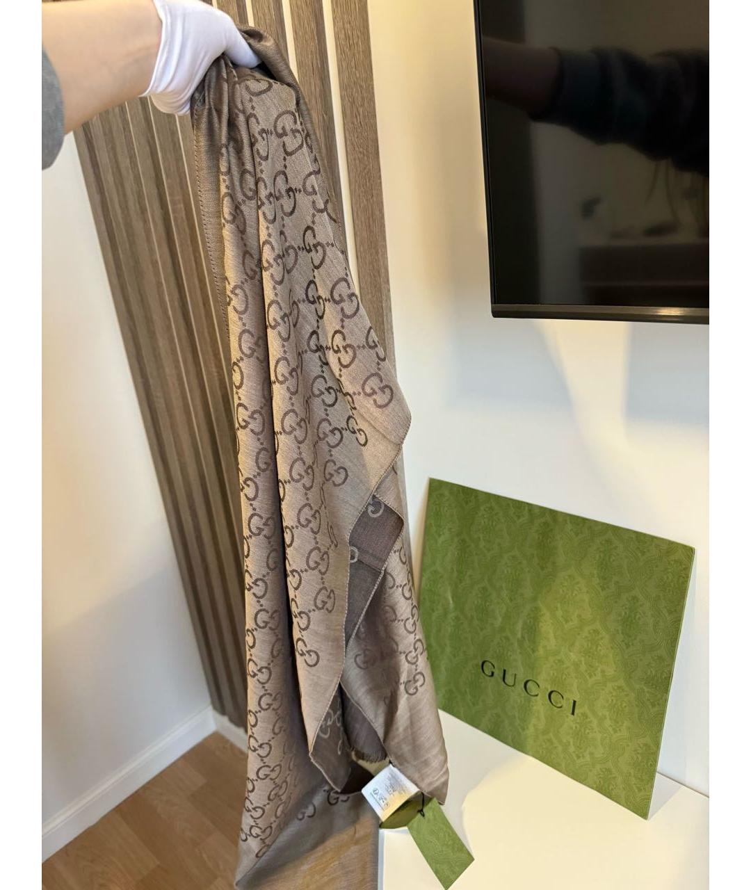 GUCCI Коричневый шерстяной шарф, фото 3
