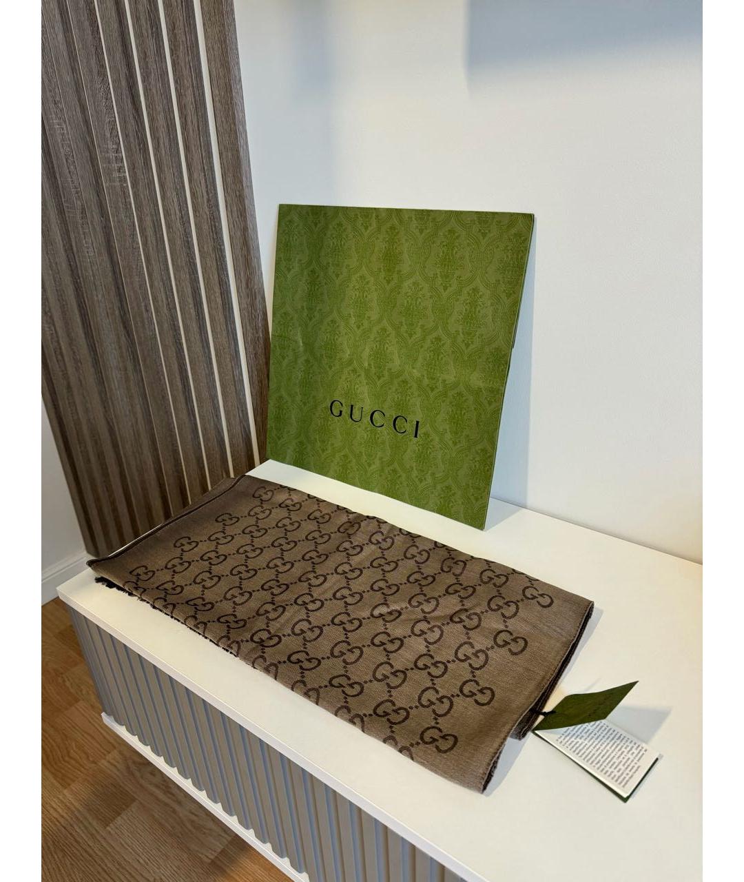 GUCCI Коричневый шерстяной шарф, фото 6