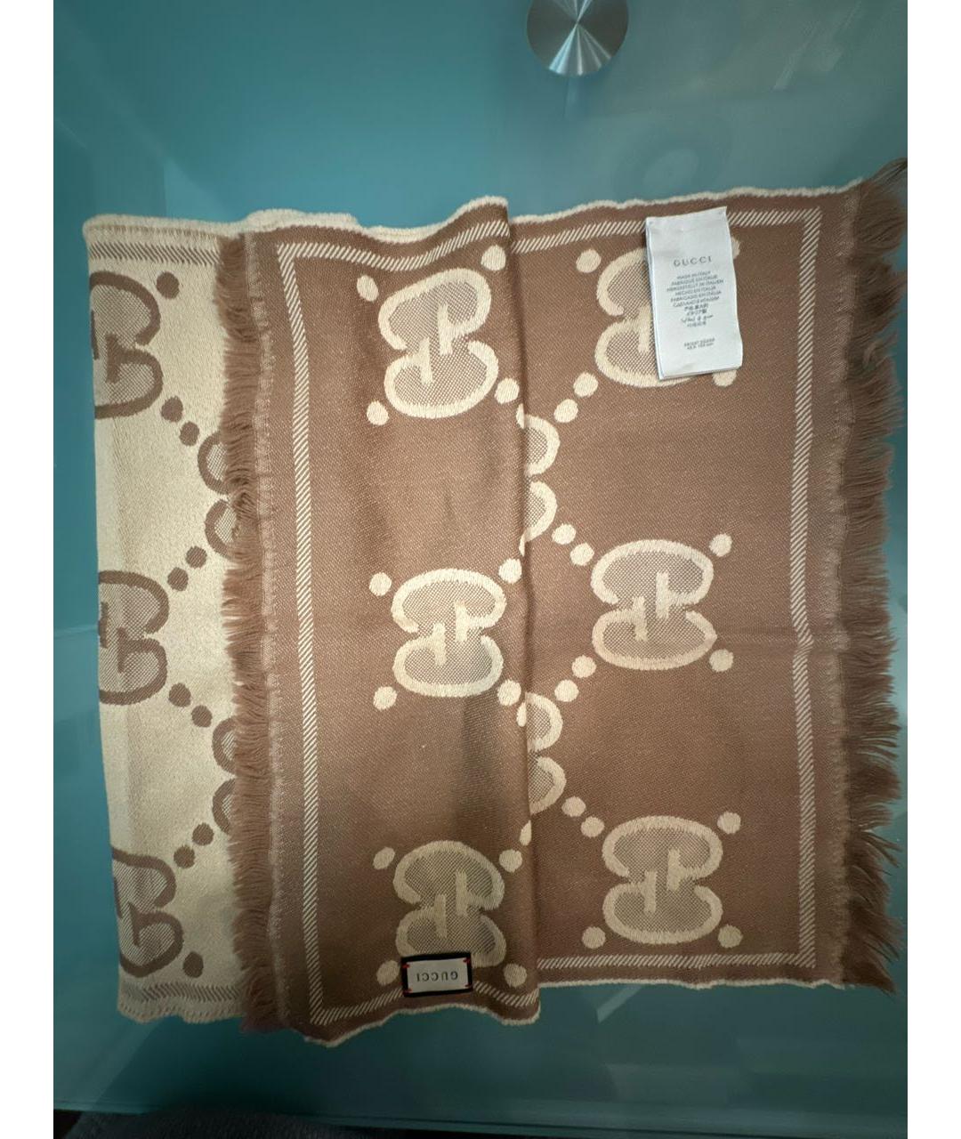 GUCCI Коричневый шерстяной шарф, фото 2