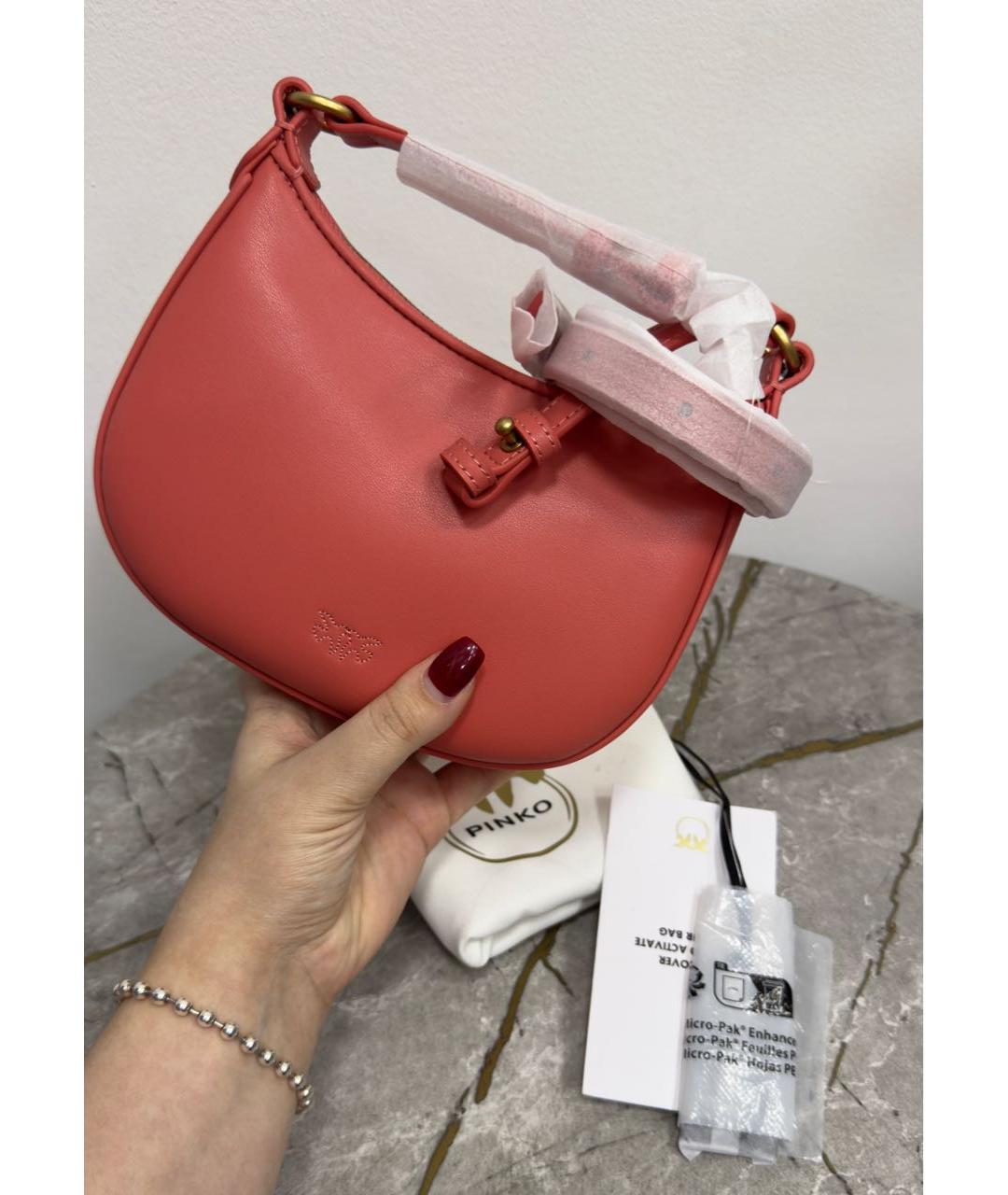 PINKO Коралловая кожаная сумка через плечо, фото 8