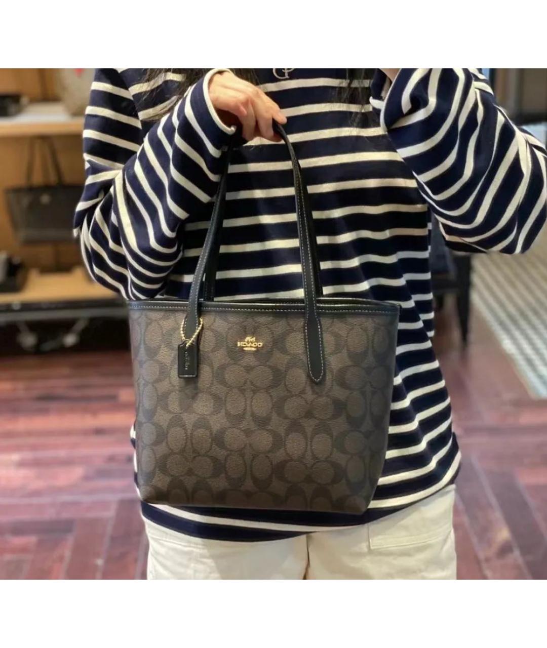 COACH Коричневая кожаная сумка с короткими ручками, фото 5